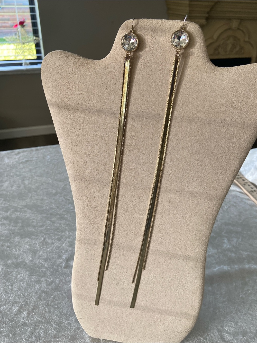Long Gold Drop Earrings with Clear Crystal Studs - Women Jewelry